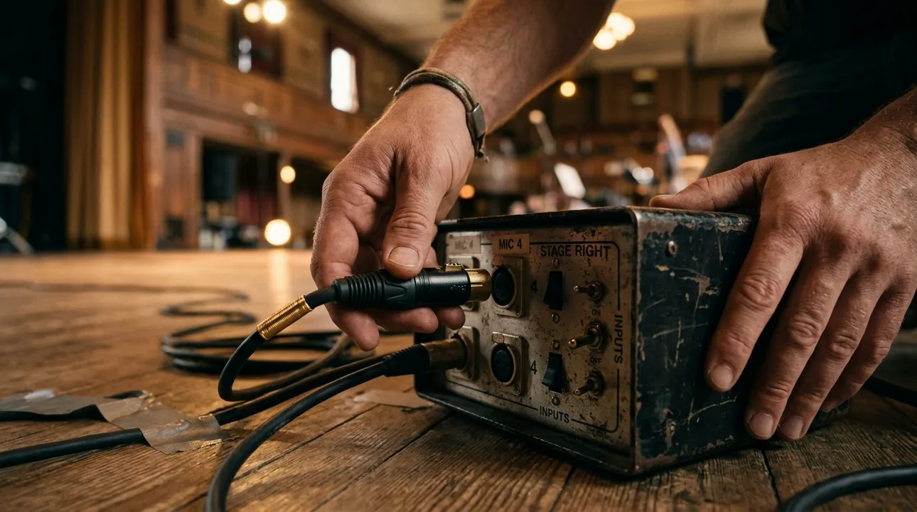 Geste technique de raccordement d'un câble audio illustrant le soutien solidaire à la régie partagée