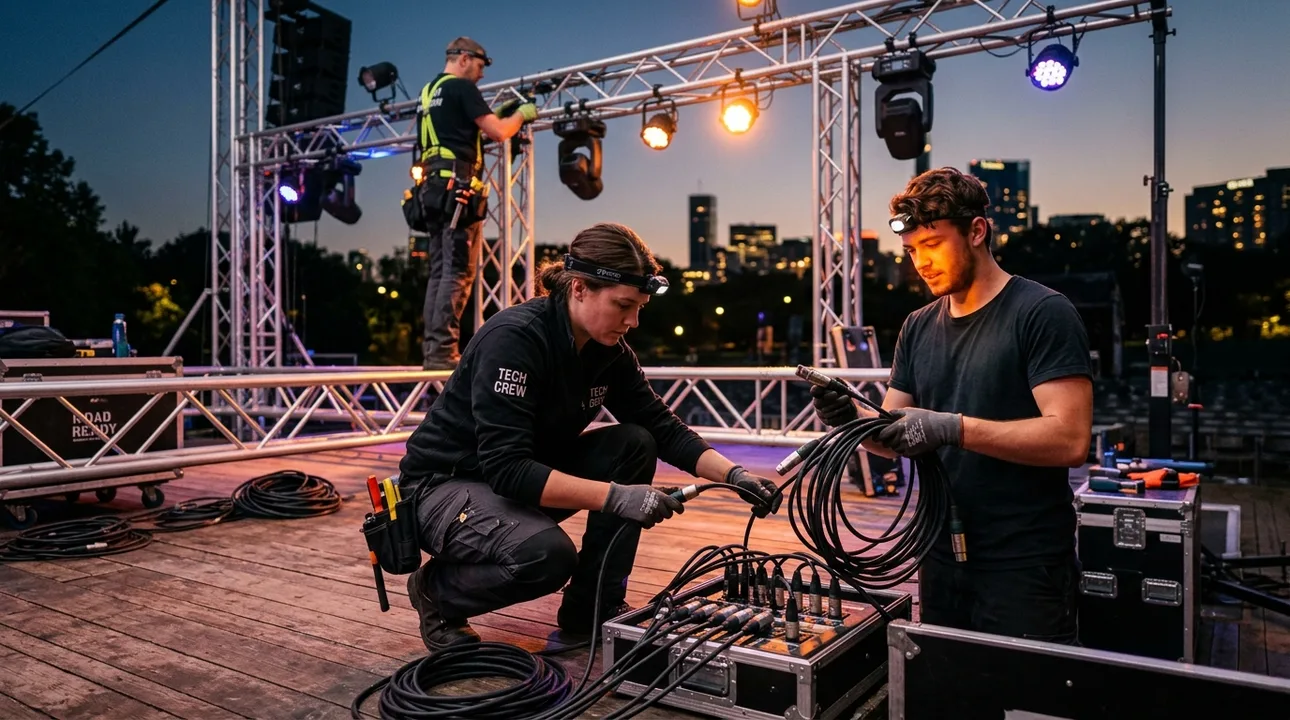 Techniciens préparant le raccordement des faisceaux de câbles et de distribution électrique scénique