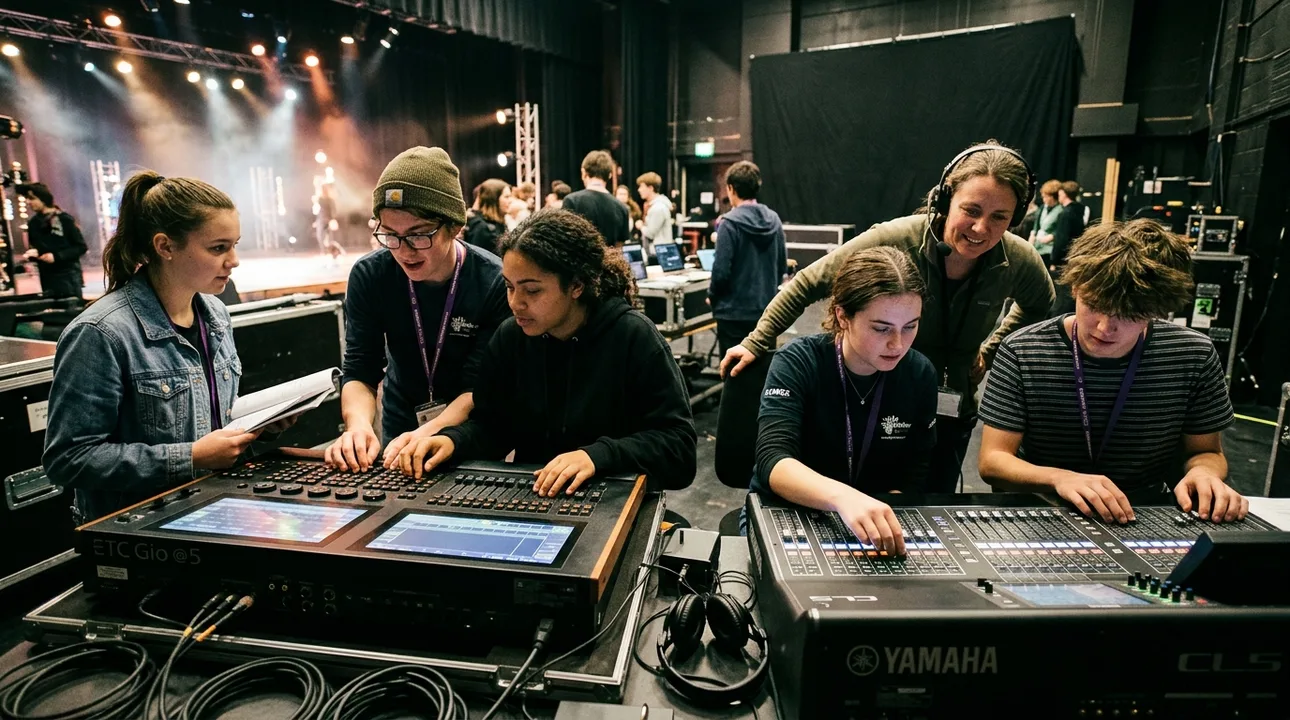 Jeunes apprenants découvrant les réglages d'une console audionumérique en atelier